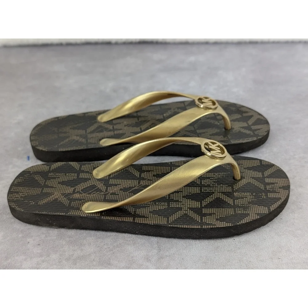 Michael Kors Womens MK Monogram Flip Flops Brown Gold Logo Sandals Size 8